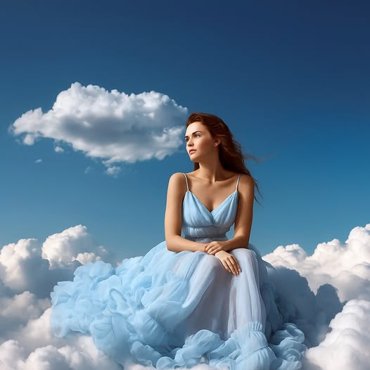 Graži mergina sėdi ant debesies