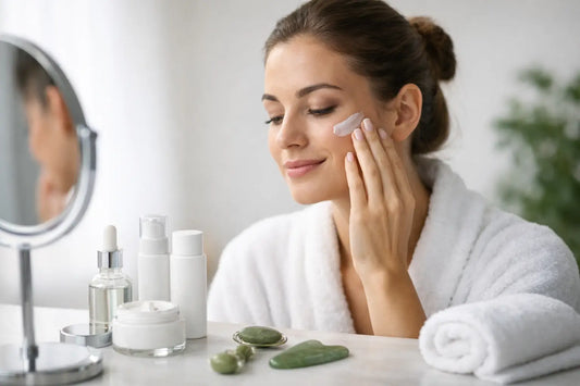 Merina prie kosmetikos staliuko tepasi veido kremą