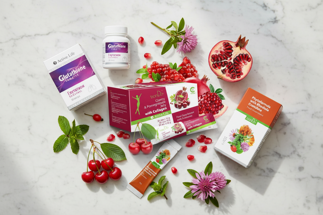 TianDe maisto papildai imunitetui pavasarį – Cherry & Pomegranate Jelly su kolagenu, Glutathione Complex ir Phytoformula su Rhodiola Crenulata