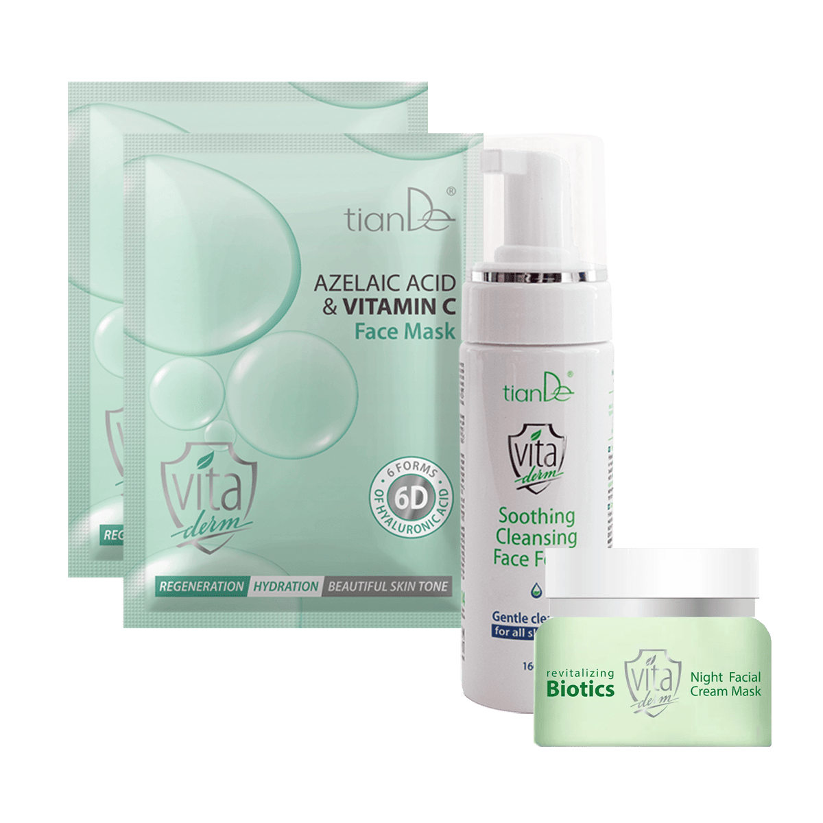 Pirk raminančias prausimosi putas + 2 vnt. veido kaukių su azelaino rūgštimi ir vitaminu C – GAUK Revitalizing Biotics naktinio veido kremą-kaukę tik už 0,01 €!