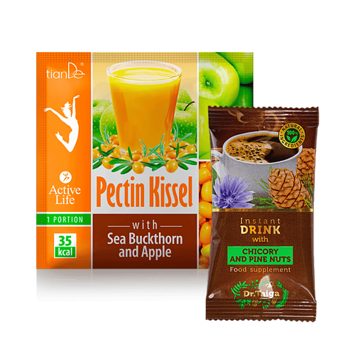 Pirk pektinų kisielių su šaltalankių sultimis ir obuoliais - PADOVANOSIME maisto papildą su paprastosiomis trūkažolėmis (cikorijomis) ir sibirinių pušų riešutais