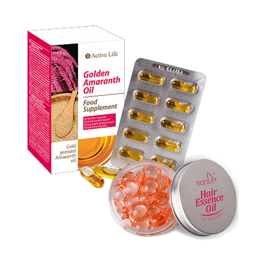Pirk maisto papildą “Golden Amaranth Oil”** - PADOVANOSIME aliejaus esenciją kapsulėse plaukams!

