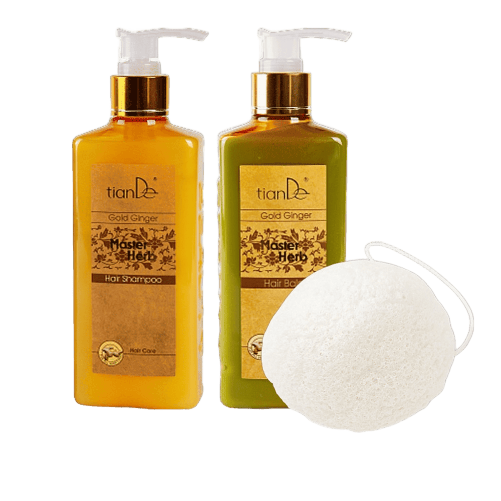Šampūnas ir balzamas su imbieru nuo pleiskanų bei veido kempinėlė