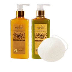 Šampūnas ir balzamas su imbieru nuo pleiskanų bei veido kempinėlė