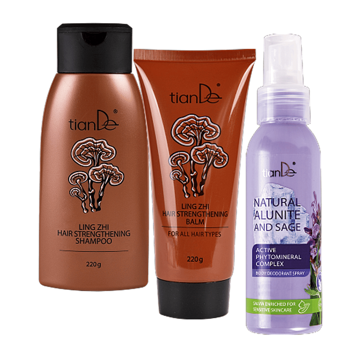 Pirk 2 priemoines: plaukų šaknis stiprinantį šampūną su Ling Zhi ekstrakt + šaknis stiprinantį balzamą plaukams su Ling Zhi grybo ekstraktu - padovanosime purškiamą kūno dezodorantą "Gamtinis alunitas ir Šalavijas"