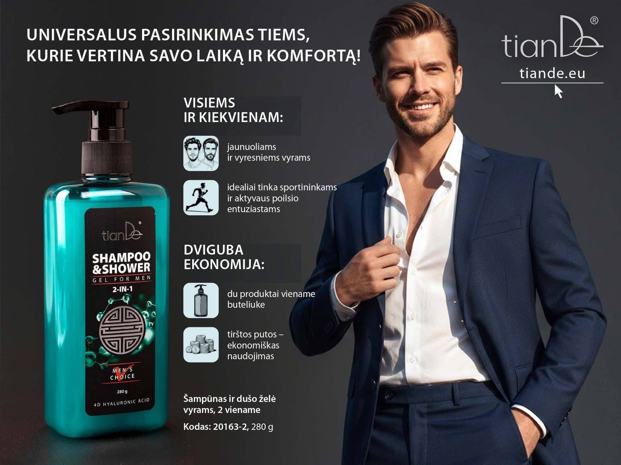 Vyras su kostiumu ir dušo gelis šampūnas