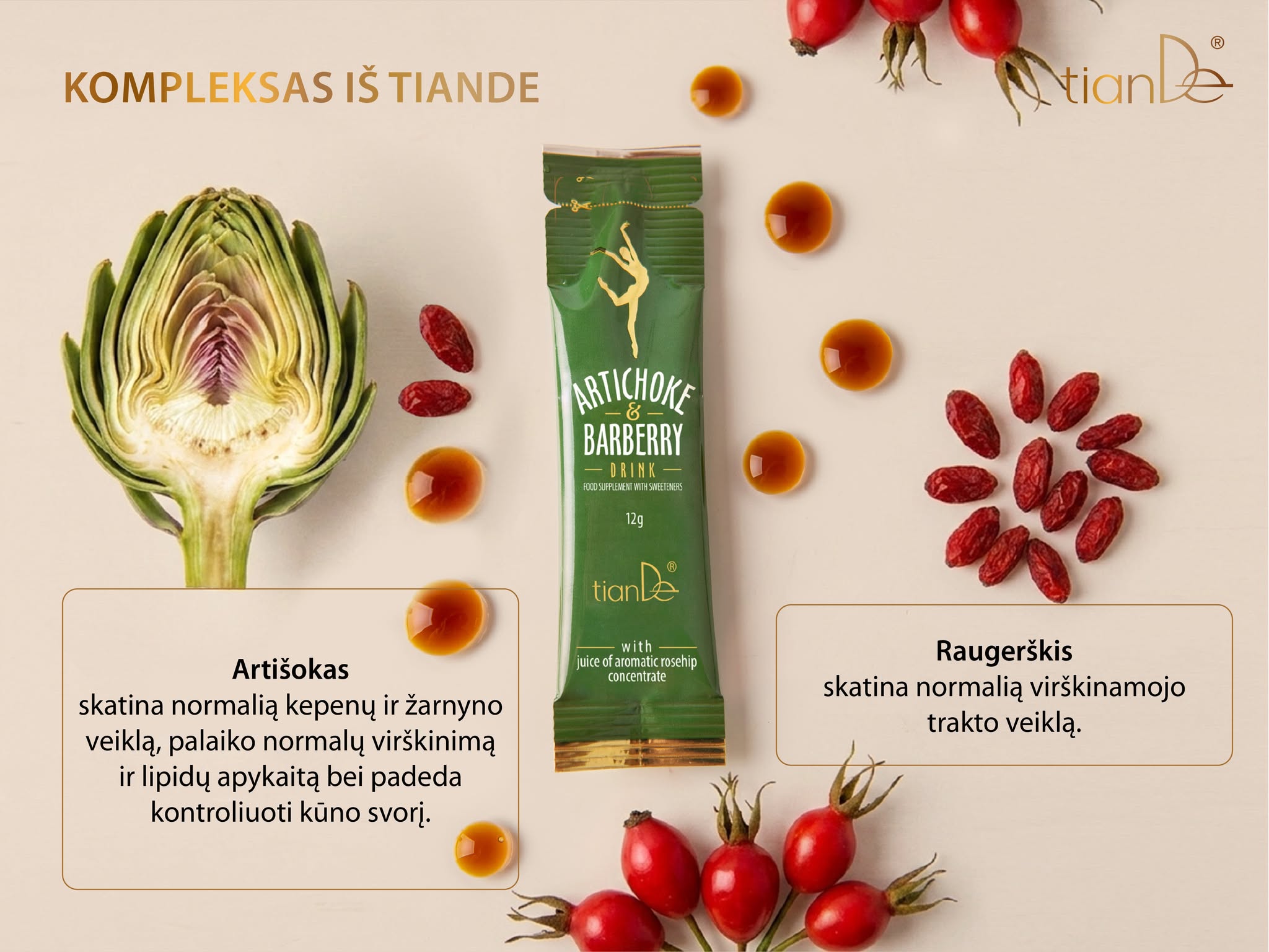 TianDe Artišoko ir raugerškio gėrimas – maisto papildas su saldikliais - kompleksas