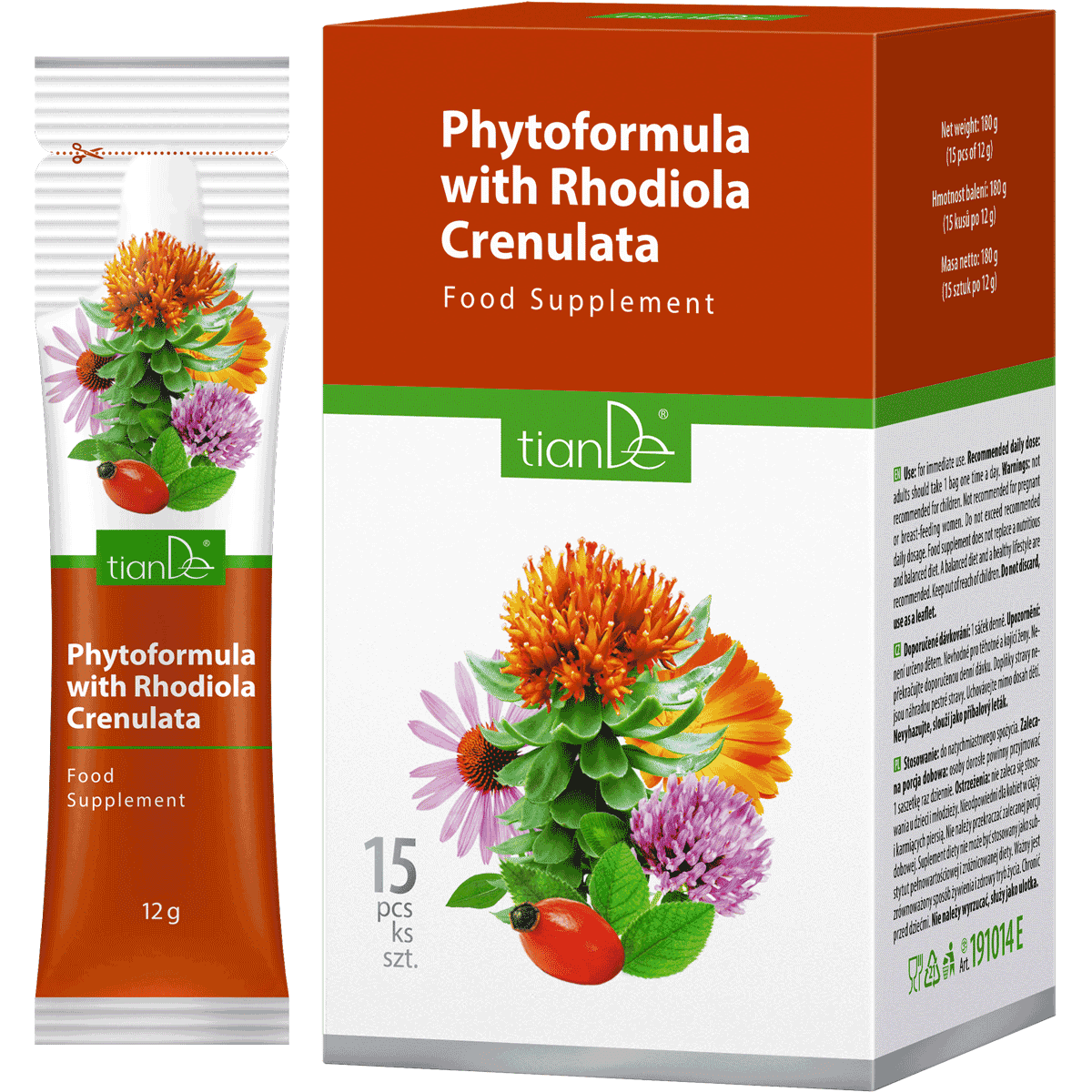 TianDe augalinė formulė su rinčiuotomis rodiolėmis maisto papildas kraujotakai, 15 pakelių po 12g su vitaminais C ir E