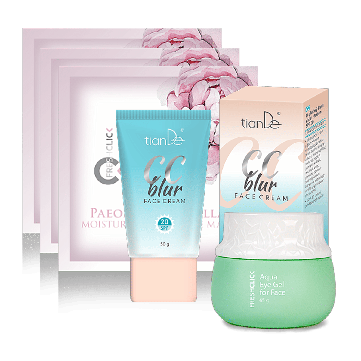 TianDe CC Blur Kremas SPF20 + 3 PGA Kaukės + Drėkinantis Gelis Akims DOVANA 